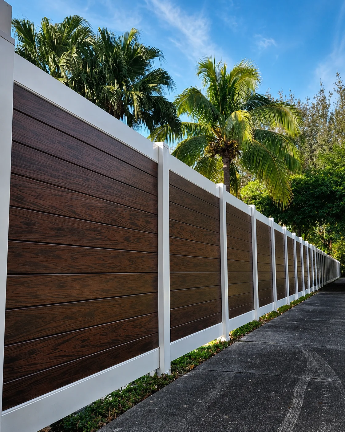 PVC privacy fence installation in Miami, Florida - wood-grain PVC panels with white posts by Elite PVC fencing company