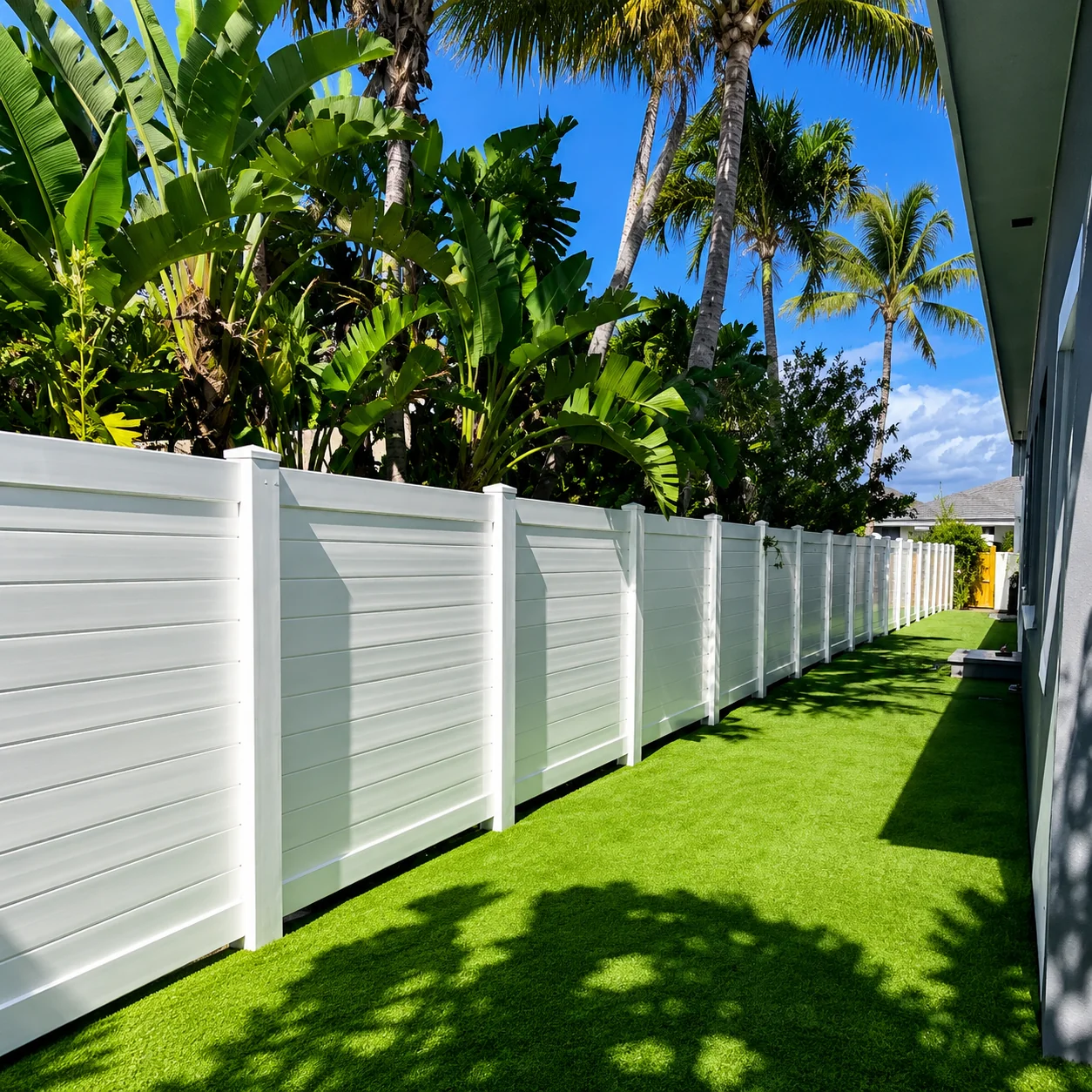 White PVC fence panel installation in Miami, Florida - side yard PVC fence with turf and palm trees by Elite PVC fencing