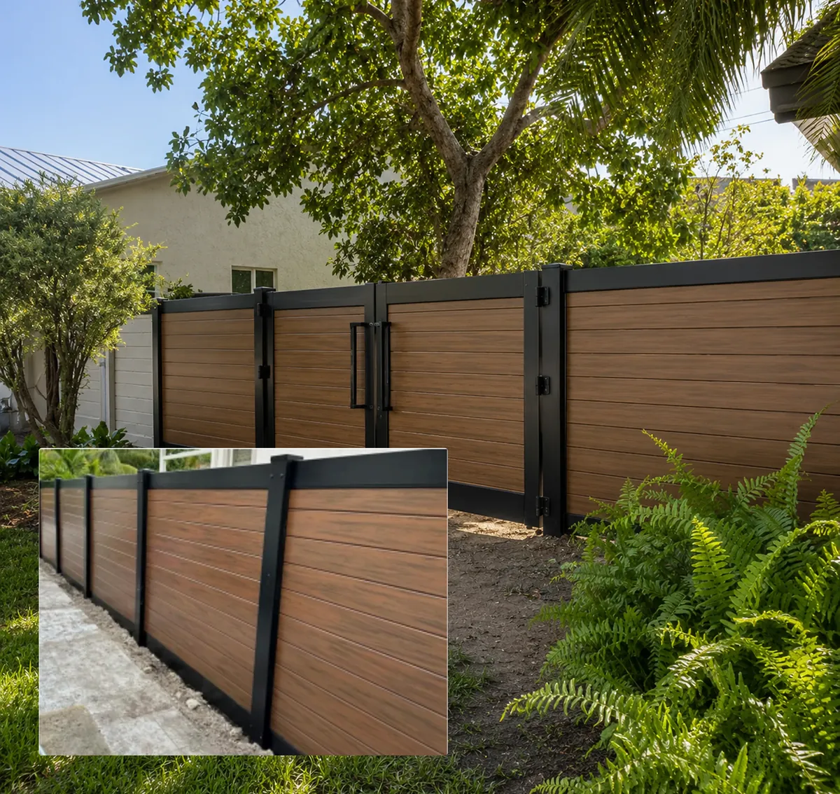 PVC fence installation in Miami - wood-grain PVC fence with aluminum frame and hybrid gate by Elite PVC fencing company